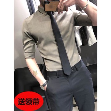 男士短袖襯衫夏季高級感痞帥七分袖襯衣男款修身商務休閑大碼寸衫