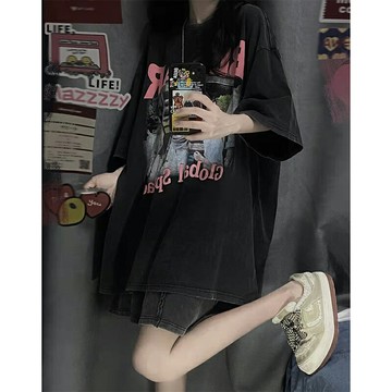 純棉黑色美式復古短袖t恤女2022設計感小眾ins潮牌oversize上衣服