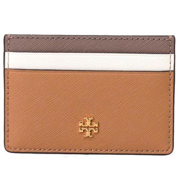 【TORY BURCH】十字紋防刮皮革卡片夾-咖白駝