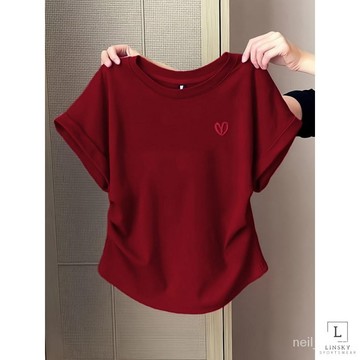 [限時特賣]T恤 短袖T恤 短袖上衣 女生上衣紅色愛心刺繡短款正肩短袖T恤女夏季2024新款設計感修身顯瘦上衣