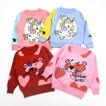 100-140cm春秋冬女童可愛卡通套頭針織衫雙層棉線女寶寶圓領毛衣