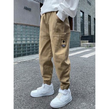 男童褲子兒童工裝春秋新款休閑中大童長褲胖孩黑色純棉秋季加絨冬