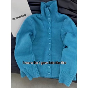 高級感藍色高領針織開衫女秋冬季2024新款氛圍感穿搭毛衣外套上衣