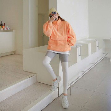 ANNAS 正韓 亮色系 套裝 羊羔毛 衛衣 大學T 高領 內搭褲 拼接 毛毛 絨毛 搖粒絨 保暖 韓國