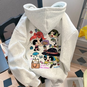 飛天小女警 帽T 大學T 寬鬆 落肩 寬鬆上衣 冬天帽t 帽T韓國 內刷毛 冬天帽t 刷毛帽t 加絨連帽衛衣 男女同款