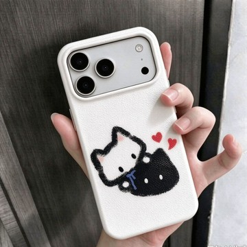 ✨iphone保護殼✨涂鴉愛心貓咪適用蘋果18Promax手機殼iPhone17荔枝紋16全包15女14