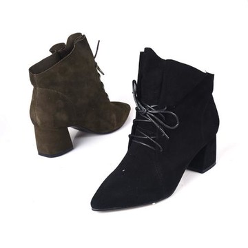 36-38羊皮反絨ZUSE歐美范尖頭粗跟短靴 秋冬新系帶潮網紅柔軟女靴