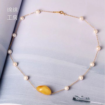 純手工14k包金時尚滿天星蜜蠟珍珠項鏈女短款鎖骨鏈飾品套鏈個性