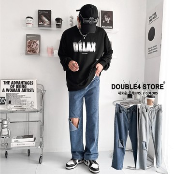 【DOUBLE4】韓系 單膝刀割破洞 牛仔寬褲 闊腿牛仔褲 直筒牛仔褲 寬牛仔 男女 牛仔 休閒牛仔 素面牛仔【T79】