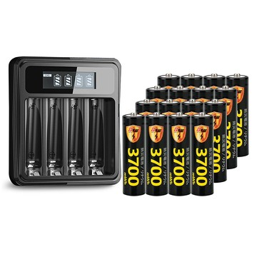 KOTSURU 3號/AA 恆壓可充式1.5V鋰電池全新特大能量3700mWh16入+(3號/4號通用)液晶鋰充電器