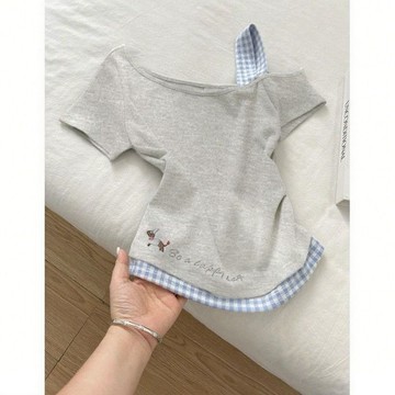 【砂糖夢境】甜辣風 設計感 拼接 假兩件 露肩 短袖 刺繡 小狗 夏季 撞色 上衣 顯瘦 修身款