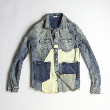 優外匯 英國原貨新款男士牛仔襯衫 加厚拼接補丁羊頭水洗做舊長袖