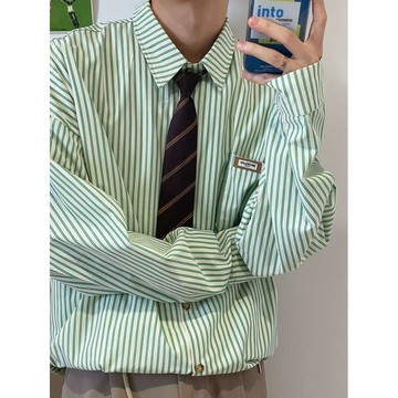 襯衫 男 長袖襯衫 襯衫外套 【2037人收藏】YINKESEN韓版長袖綠色內搭條紋襯衫男休閒寬鬆帥氣襯衣ins送領帶