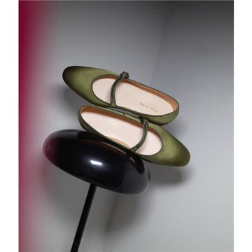 HOME WORK原創設計師手工杏仁頭復古瑪麗珍低跟女鞋真絲緞橄欖綠