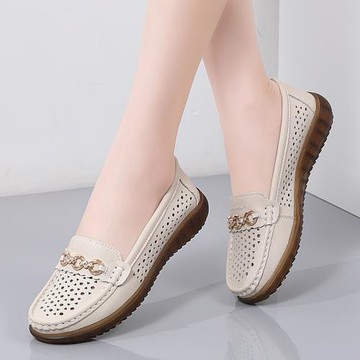 2024春季真皮淺口鏤空洞洞鞋女軟底涼鞋休閑媽媽鞋中老年平底單鞋