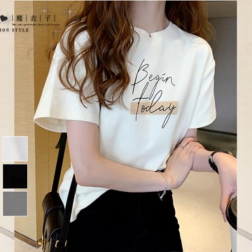 【QV3341】魔衣子-簡約字母印花圓領短袖上衣