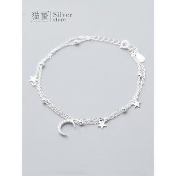 貓蟄S925純銀雙層星月手鏈女生ins輕奢小眾女士首飾品女朋友禮物