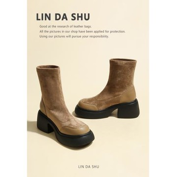 【林大叔】厚底彈力瘦瘦靴子女復古絨面粗跟高跟馬丁靴短靴奶茶色