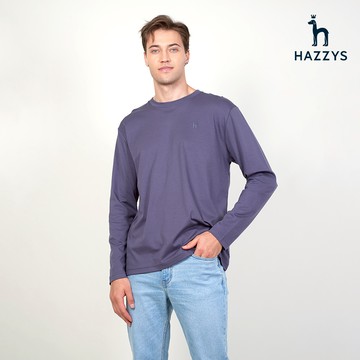 【HAZZYS】男款深藍色百搭舒適小LOGO刺繡長袖T恤 YUSED103
