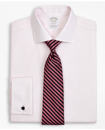 Brooks Brothers Men's Stretch Soho Extra-Slim-Fit Dress Shirt, Non-Iron Twill English Collar French Cuff Micro-Check | Pink | Size 14½ 34