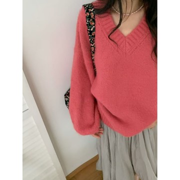 韓系寬鬆慵懶v領套頭毛衣女秋冬新款素色百搭大尺碼針織衫軟糯上衣