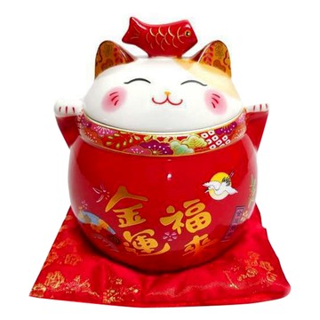 摩達客 春節開運 超招財貓密封罐糖果盒擺飾 聚寶盆收納好物 附坐墊 陶瓷材質  罐口直徑9 x 寬12.5 x 高15cm  紅色