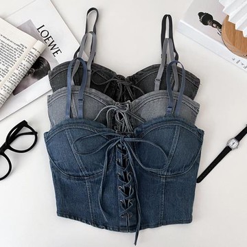 辣妹性感百搭交叉綁帶修身顯瘦短款牛仔吊帶背心內搭打底衫上衣女