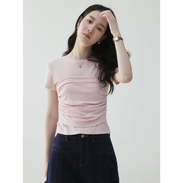 「芥末派VOOE」純色洋氣褶皺設計修身T恤女夏季新款百搭短袖上衣