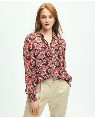 Brooks Brothers Women's Crinkle Chiffon Tropical Floral Print Blouse | Navy | Size 16
