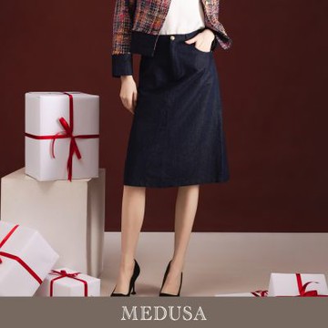 現貨【MEDUSA 曼度莎】金屬絲絲混紡牛仔切接直筒裙（M-XL）｜A字裙 時尚丹寧 牛仔裙