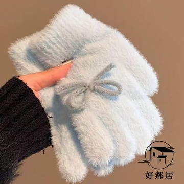 臺灣出貨🔥高品質🔥韓系可愛藍色蝴蝶結針織毛絨手套女冬季加絨保暖防寒分指毛茸茸 騎車手套 保暖手套 冬季手套 交換禮物