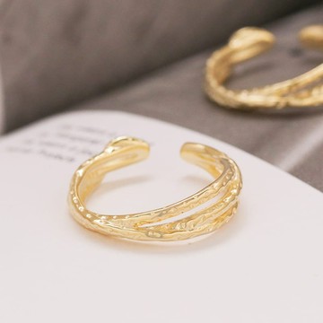[925純銀]幸福繫繩金色錘紋交織C形可調節戒指【SL773】-金