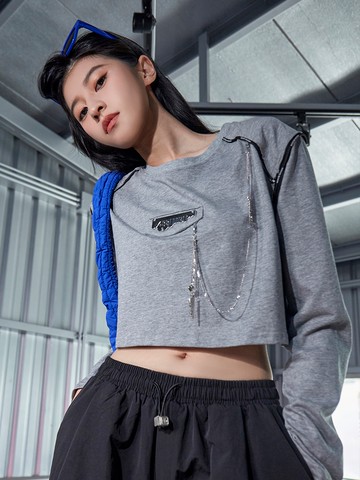 造型雙掛鍊短版長袖上衣