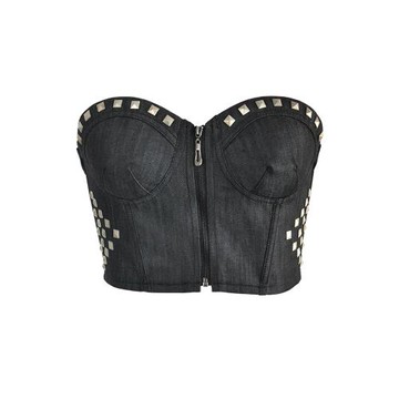 甜辣鉚釘黑色牛仔裹胸魚骨胸衣胸墊性感無肩帶一片式短款抹胸上衣