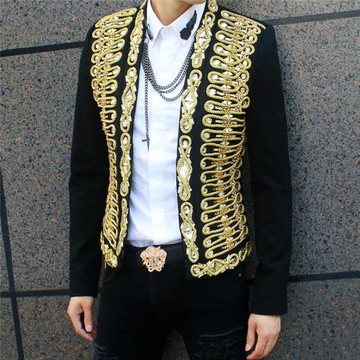 鏡片閃亮夾克外套男金色重工小西裝修身晚宴禮服歌手舞臺表演衣服