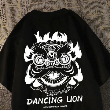323現貸隔日達💥中國風國潮醒獅ins潮牌時尚短袖t恤男女夏季寬鬆潮流半袖體恤