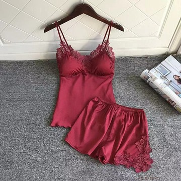 台灣出貨 冰絲性感吊帶睡裙 帶胸墊吊帶套裝 仿真絲家居服套裝 睡衣套裝睡裙 吊帶上衣短褲兩件套 絲綢蕾絲花邊吊帶裙