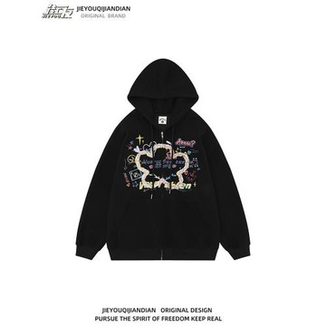 美式復古設計感立體花朵繡連帽開衫衛衣男女秋季甜酷寬松情侶外套