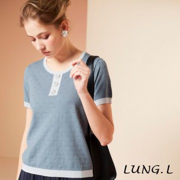 LUNG.L林佳樺 灰藍色搭配白色滾邊短袖女裝針織衫L854A