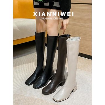 粗跟高筒靴子女不過膝棕色長筒靴小個子高跟馬丁靴2025新款騎士靴