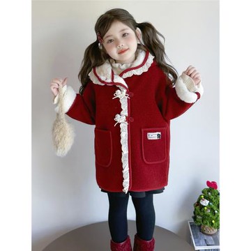 小女孩羊羔絨外套冬季大衣2025新款洋氣時髦女寶寶加絨連帽風衣潮