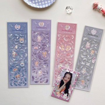 韓國ins夢幻天鵝羽毛鐳射咕卡貼紙少女可愛貓咪追星手賬小卡裝飾