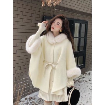 秋冬毛領毛邊寬松慵懶環保毛針織斗篷大衣奶白毛呢外套減齡中長款