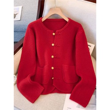 新中式國風紅色毛衣外套女裝秋季大碼胖mm高級感針織開衫短款上衣