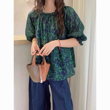 夏季碎花短袖襯衫  清新 透氣 百搭 復古碎花泡泡短袖襯衫女夏裝大碼胖顯瘦遮肚子減齡休閒打底上衣0726