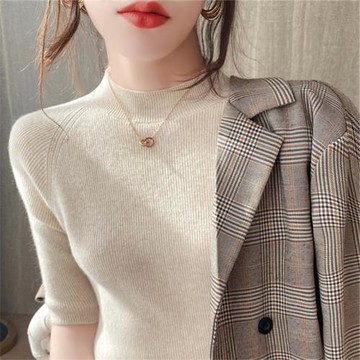 氣質百搭五分袖打底衫女t恤修身內搭半高領春秋中袖針織中領上衣