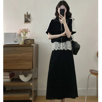 M-4XL 休閒蕾絲拼接上衣+半身長裙兩件套 大尺碼洋裝 簡約半身裙 別緻上衣 通勤休閒穿搭 胖MM穿搭 顯瘦洋裝