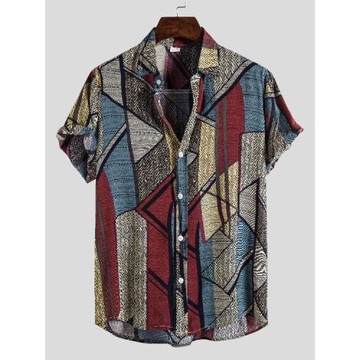 亞馬遜跨境歐碼2025夏威夷潮流男士短袖襯衫翻領碎花美式襯衣大碼