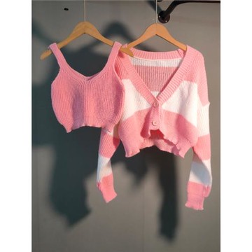 兩件套條紋毛衣+背心針織套裝女2024秋新款辣妹短款開衫外套外貿