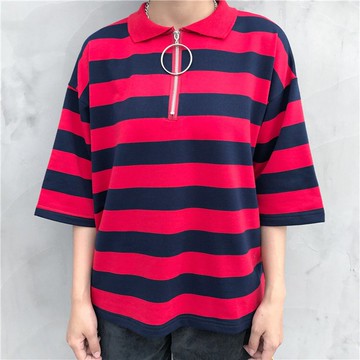 FINDSENSE MD 日系 潮 街頭 男女 情侶裝 寬鬆 五分袖 條紋 下擺開叉前短後長 短袖T恤 特色短T